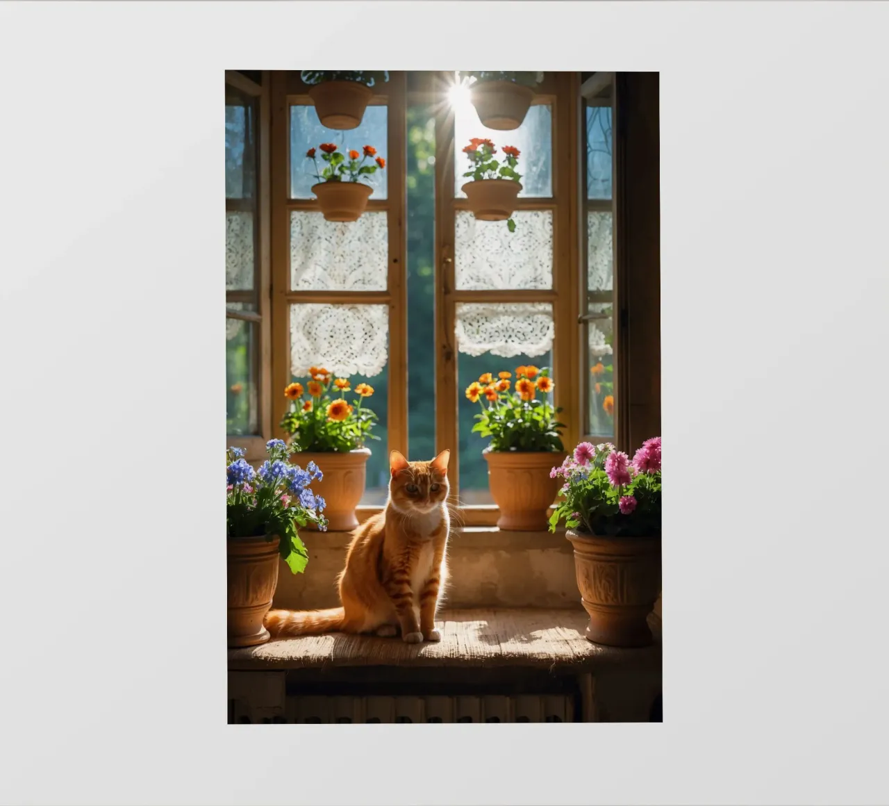 Ginger cat resting on windowsill surrounded by colorful flow backlit film by DesignDoodle