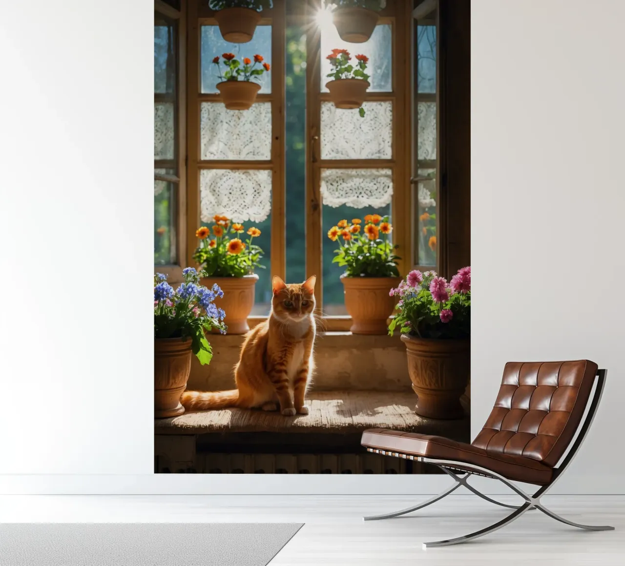 Ginger cat resting on windowsill surrounded by colorful flow photo wallpaper by DesignDoodle