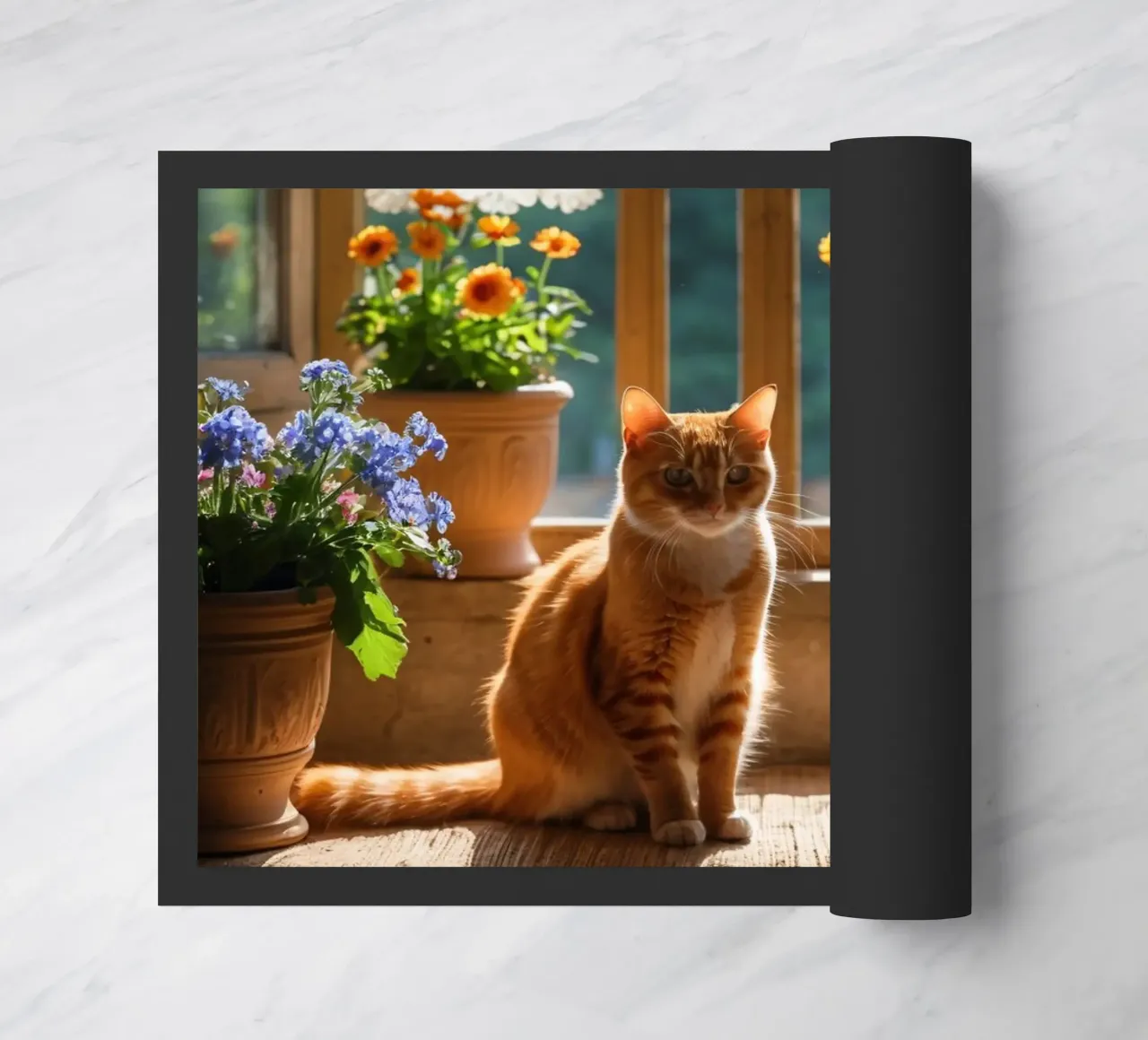 Ginger cat resting on windowsill surrounded by colorful flow doormat by DesignDoodle