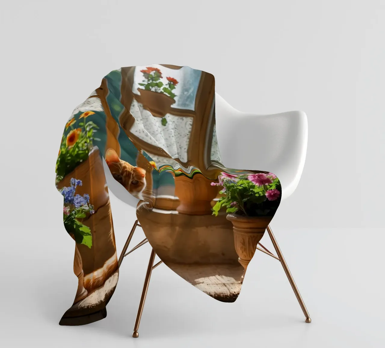 Ginger cat resting on windowsill surrounded by colorful flow fleece blanket by DesignDoodle