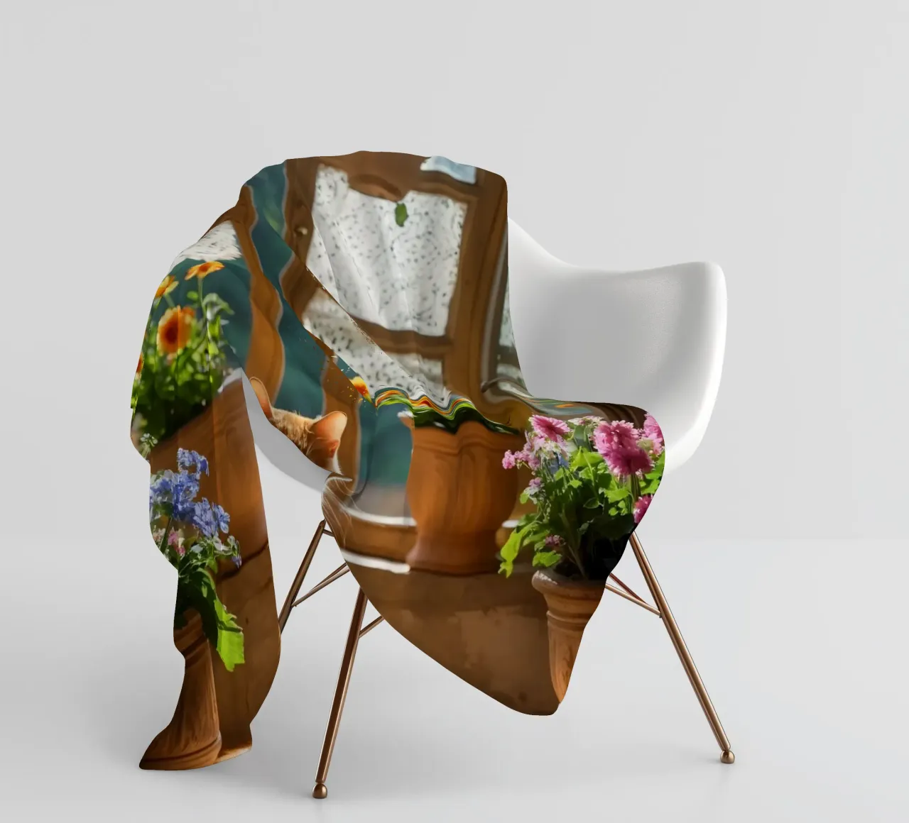 Ginger cat resting on windowsill surrounded by colorful flow fleece blanket by DesignDoodle