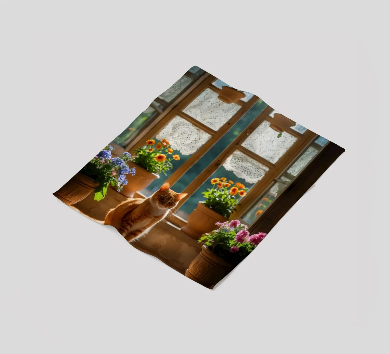 Ginger cat resting on windowsill surrounded by colorful flow fleece blanket by DesignDoodle