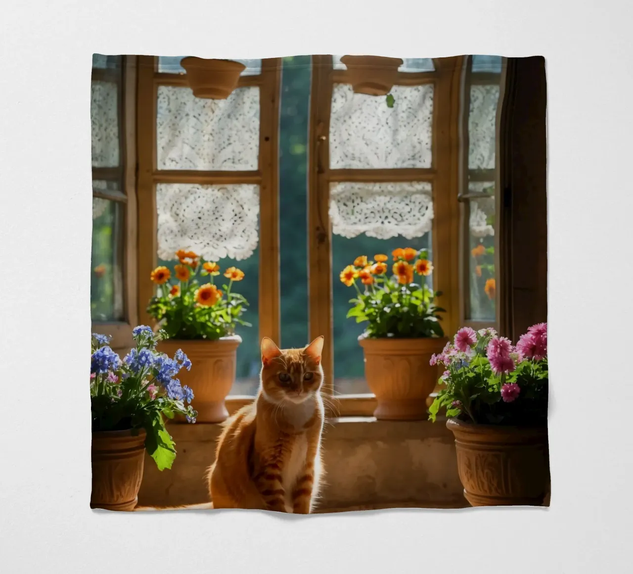 Ginger cat resting on windowsill surrounded by colorful flow fleece blanket by DesignDoodle