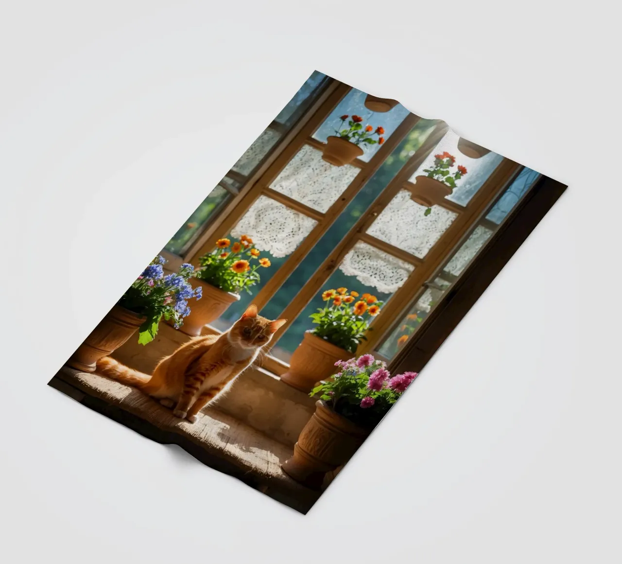 Ginger cat resting on windowsill surrounded by colorful flow fleece blanket by DesignDoodle