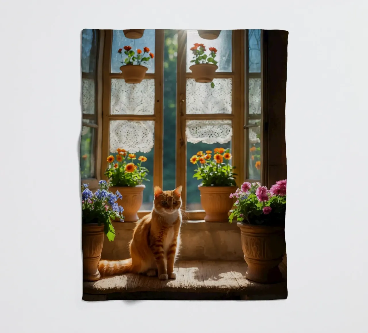 Ginger cat resting on windowsill surrounded by colorful flow fleece blanket by DesignDoodle