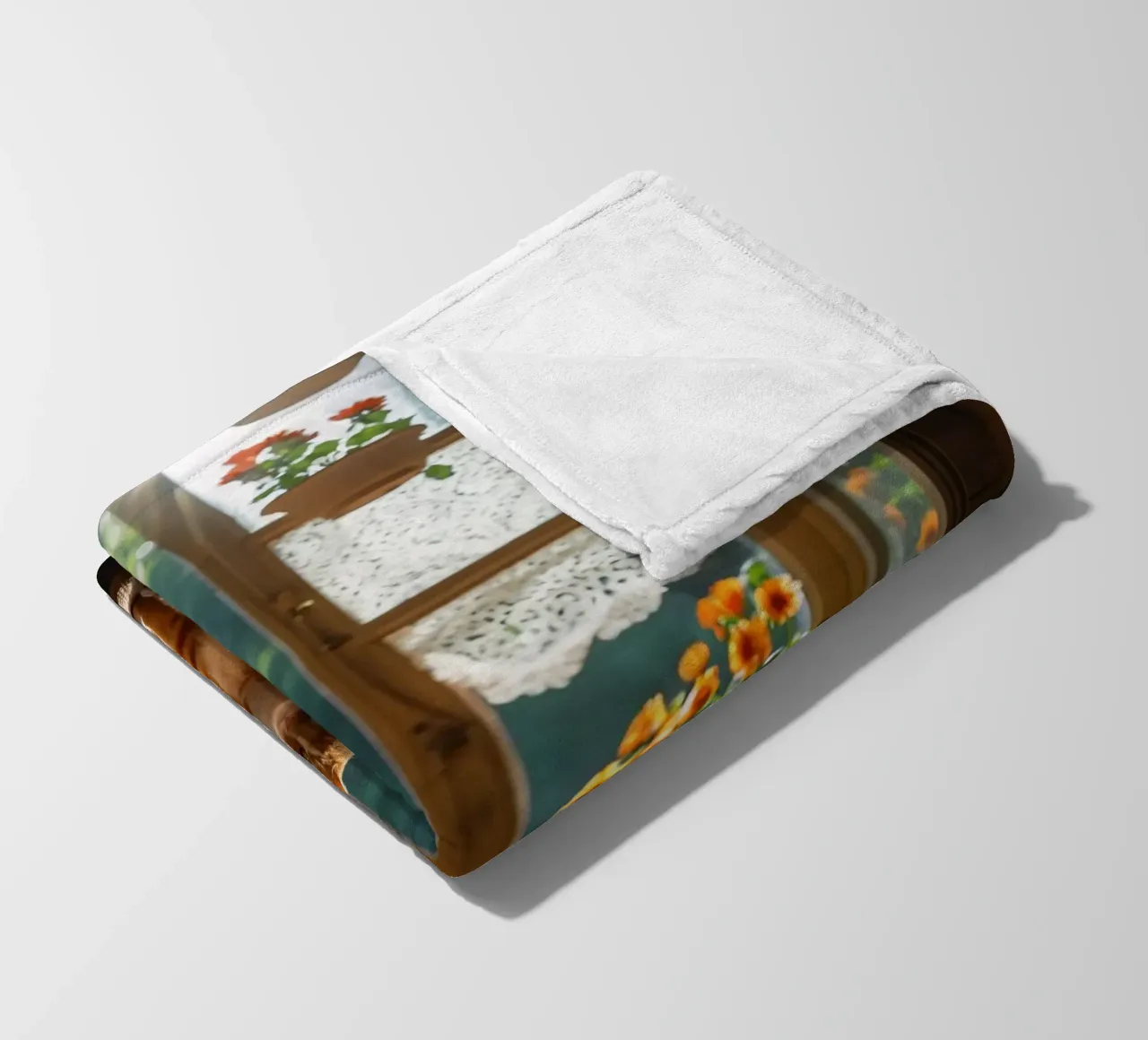 Ginger cat resting on windowsill surrounded by colorful flow fleece blanket by DesignDoodle