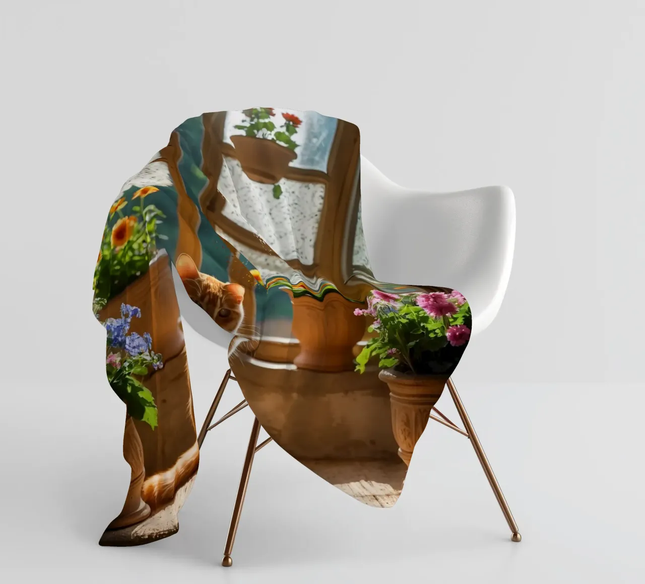 Ginger cat resting on windowsill surrounded by colorful flow fleece blanket by DesignDoodle