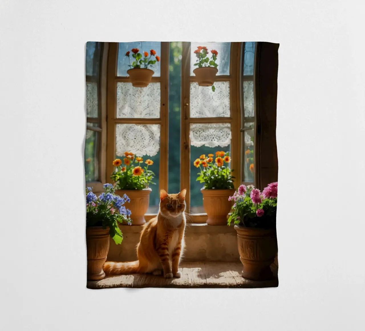 Ginger cat resting on windowsill surrounded by colorful flow fleece blanket by DesignDoodle