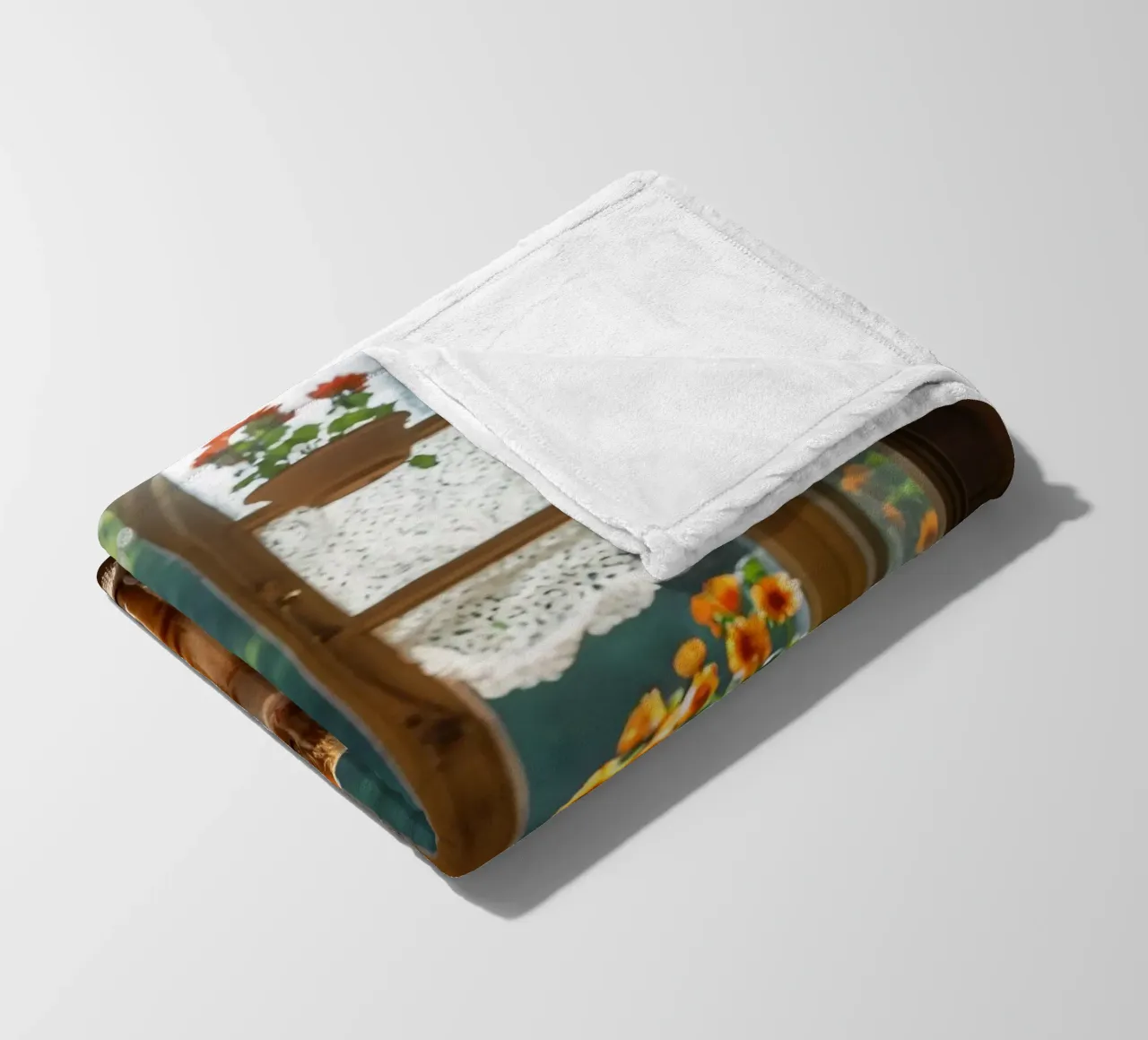 Ginger cat resting on windowsill surrounded by colorful flow fleece blanket by DesignDoodle