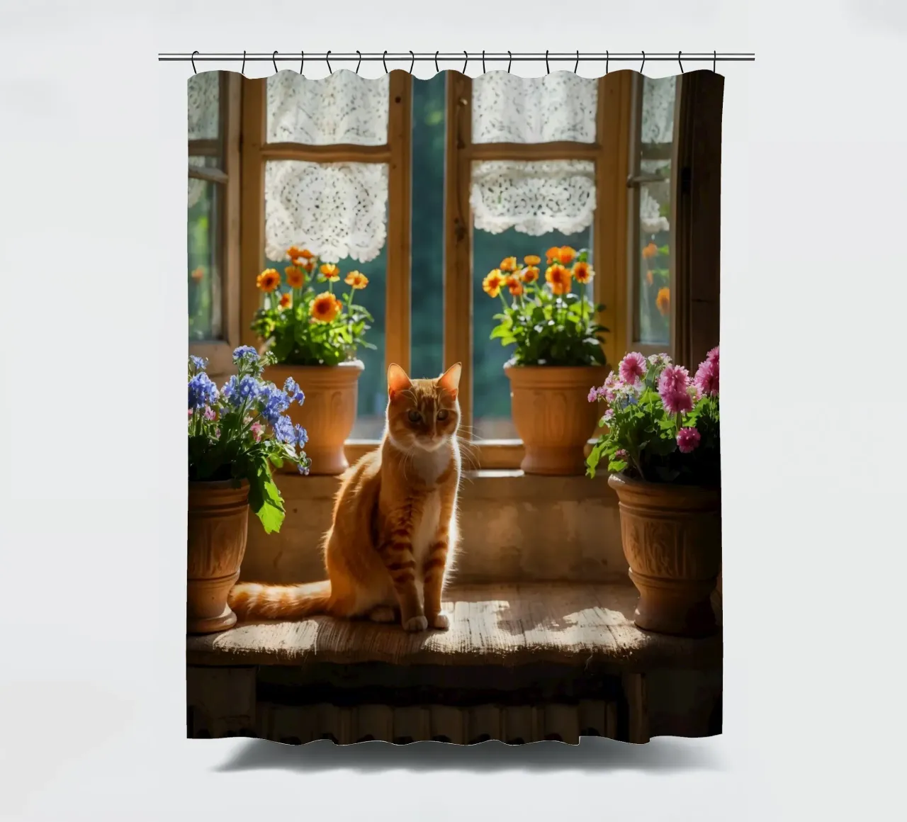 Ginger cat resting on windowsill surrounded by colorful flow shower curtain by DesignDoodle