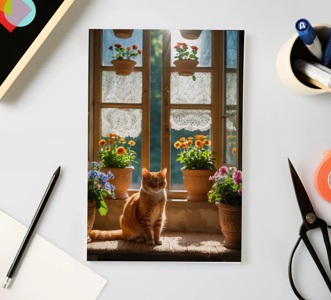 Ginger cat resting on windowsill surrounded by colorful flow notebook by DesignDoodle