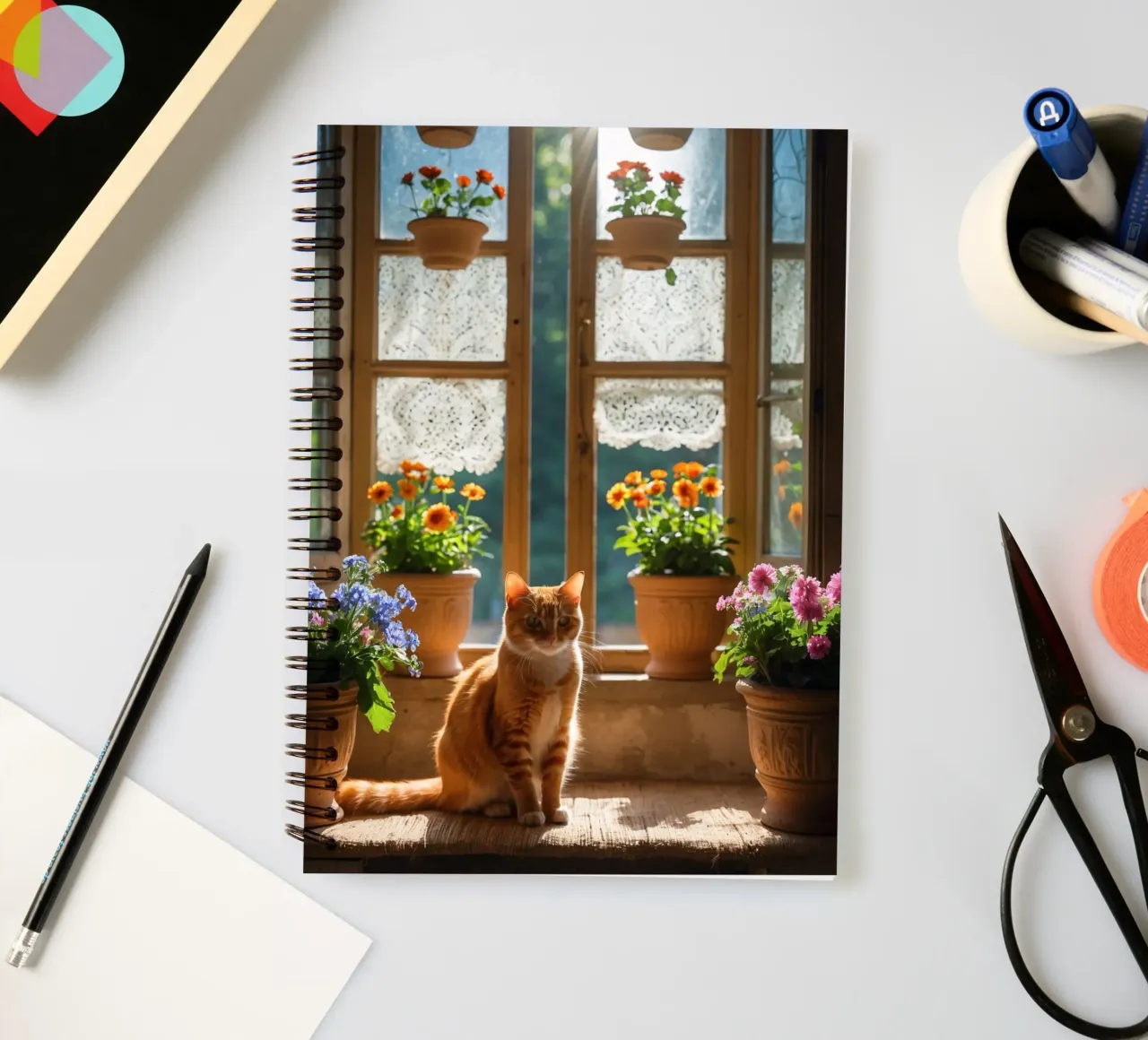 Ginger cat resting on windowsill surrounded by colorful flow spiral notebook by DesignDoodle