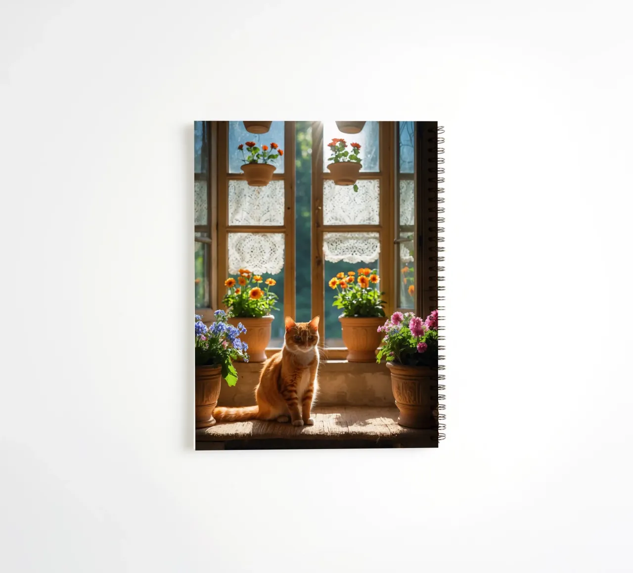 Ginger cat resting on windowsill surrounded by colorful flow spiral notebook by DesignDoodle