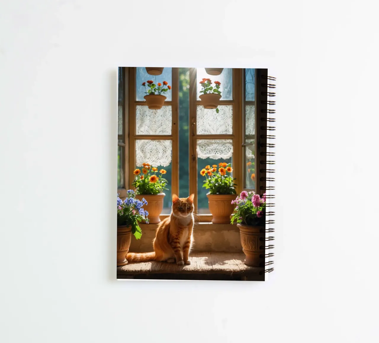 Ginger cat resting on windowsill surrounded by colorful flow spiral notebook by DesignDoodle