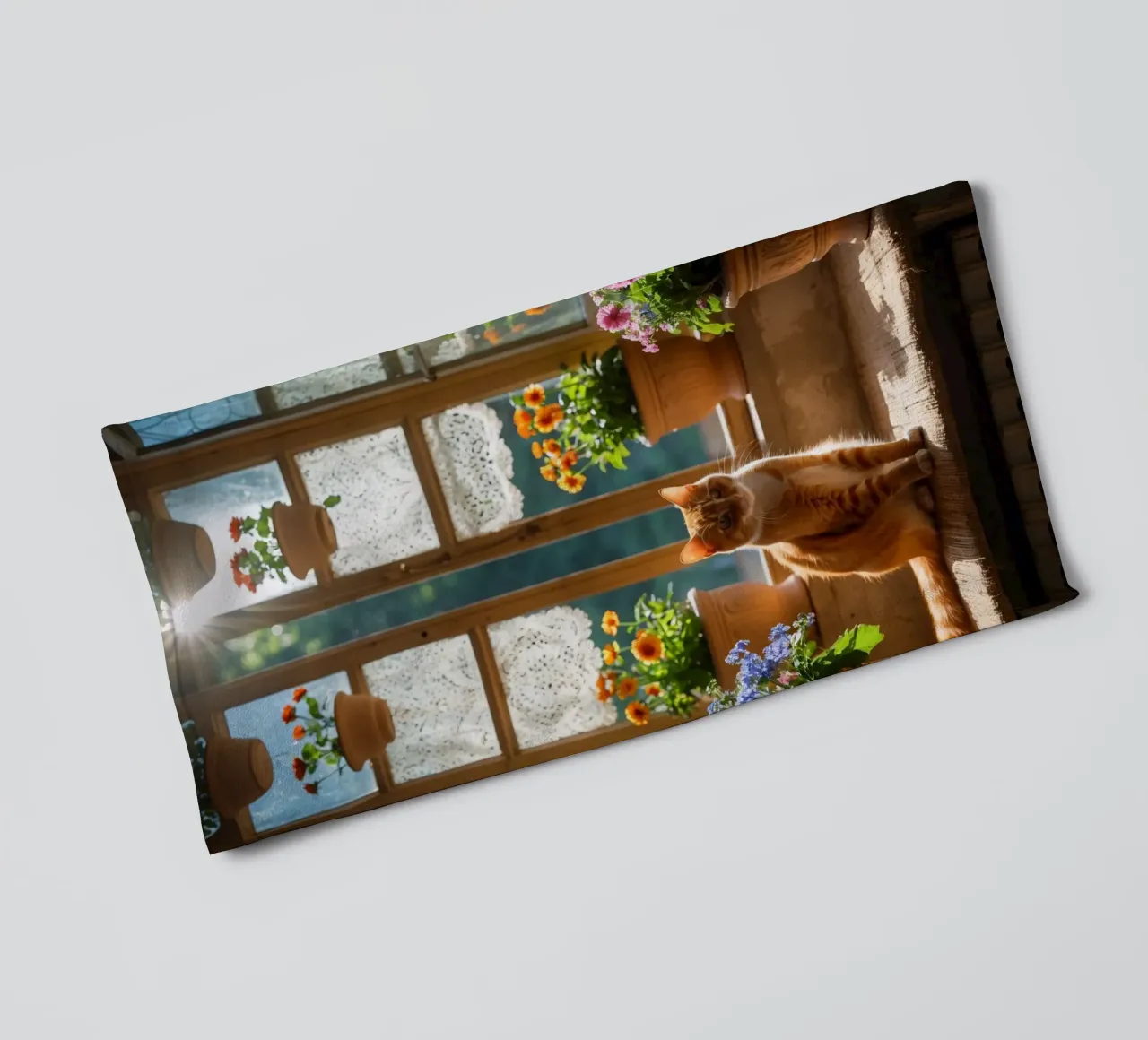 Ginger cat resting on windowsill surrounded by colorful flow towel by DesignDoodle