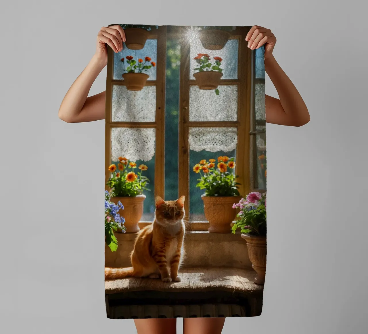 Ginger cat resting on windowsill surrounded by colorful flow towel by DesignDoodle