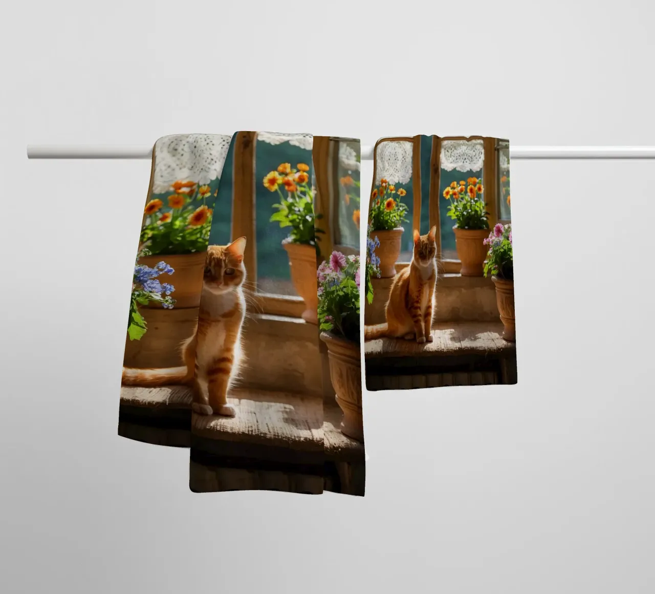 Ginger cat resting on windowsill surrounded by colorful flow towel by DesignDoodle