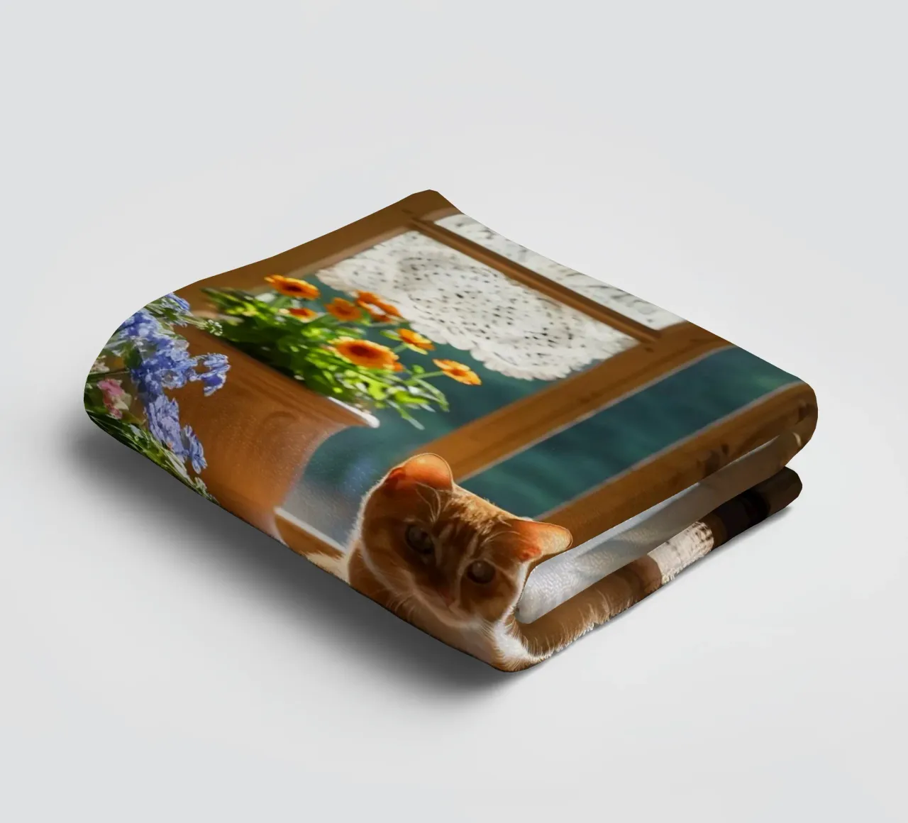 Ginger cat resting on windowsill surrounded by colorful flow towel by DesignDoodle