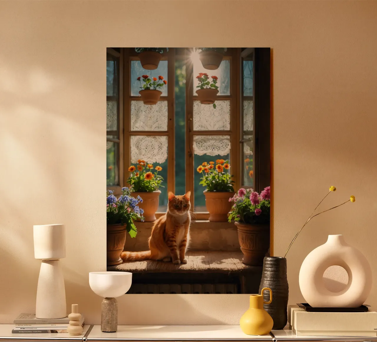 Ginger cat resting on windowsill surrounded by colorful flow acrylic glass by DesignDoodle
