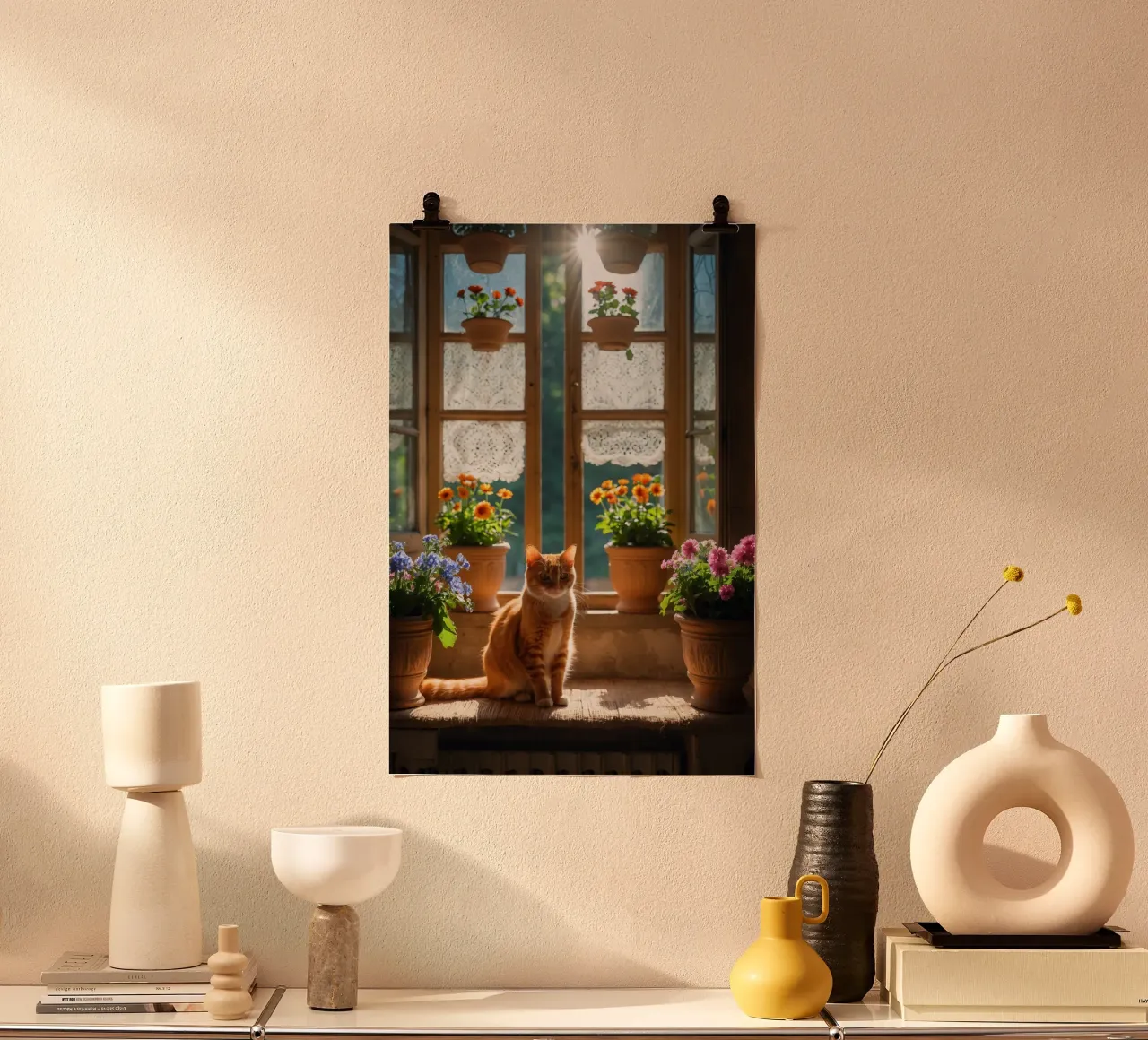 Ginger cat resting on windowsill surrounded by colorful flow hahnemühle by DesignDoodle