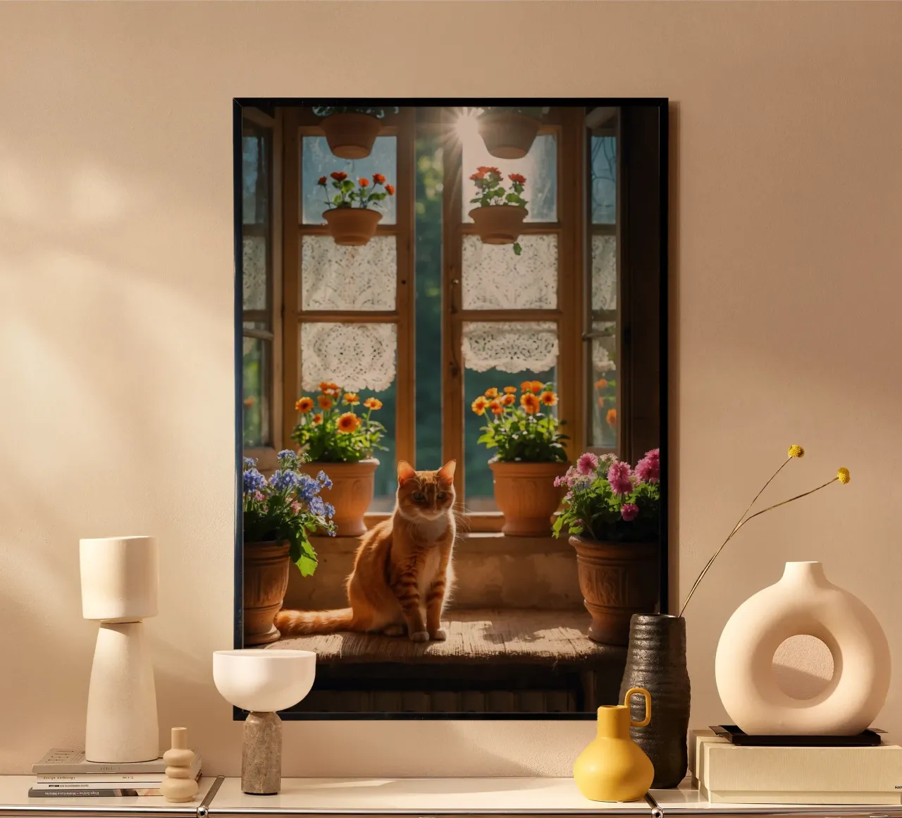 Ginger cat resting on windowsill surrounded by colorful flow hahnemühle by DesignDoodle