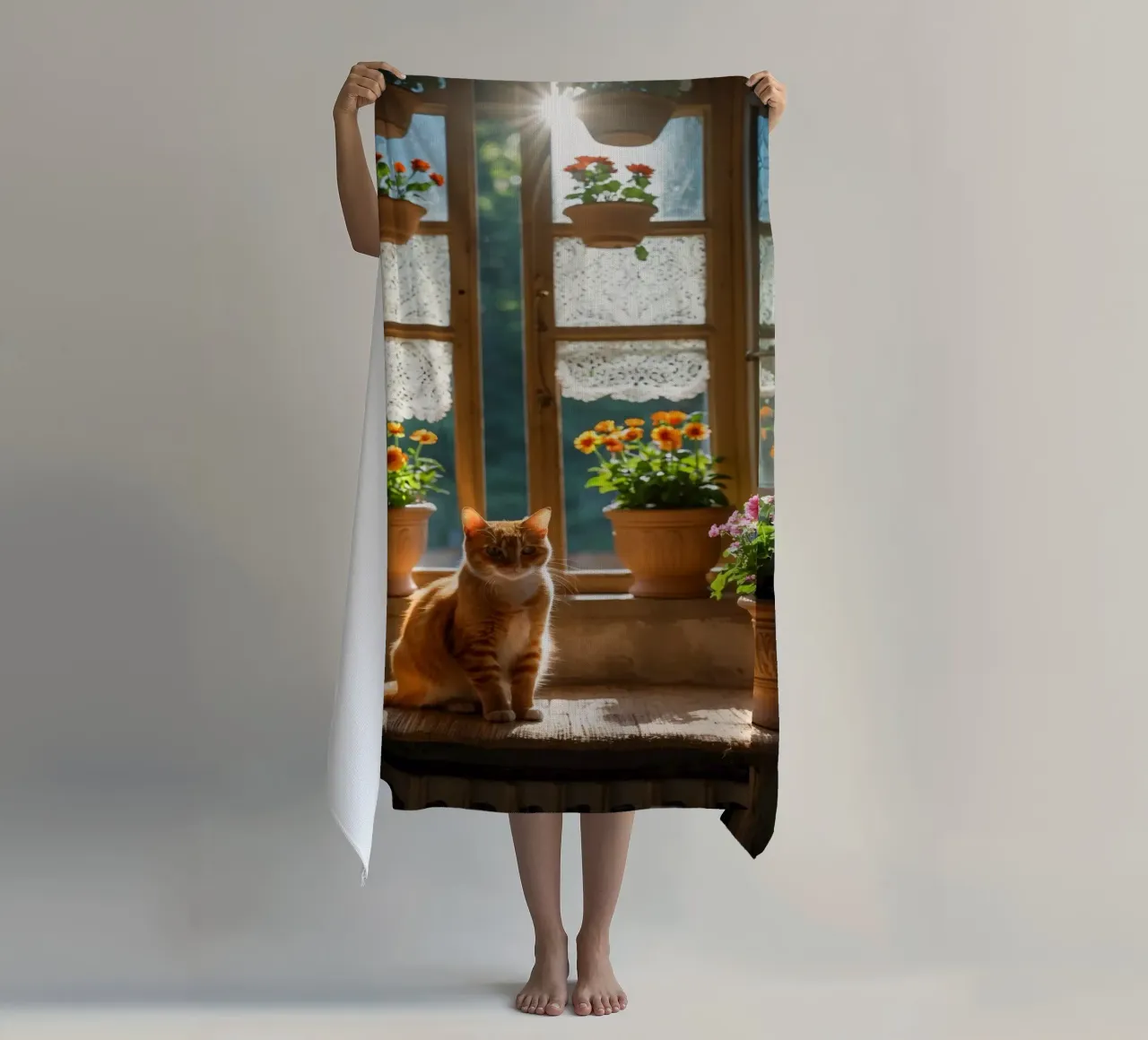 Ginger cat resting on windowsill surrounded by colorful flow beach towel by DesignDoodle