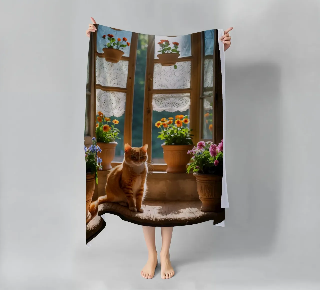 Ginger cat resting on windowsill surrounded by colorful flow beach towel by DesignDoodle