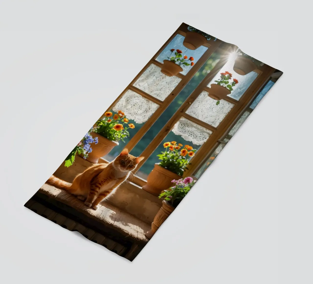 Ginger cat resting on windowsill surrounded by colorful flow beach towel by DesignDoodle