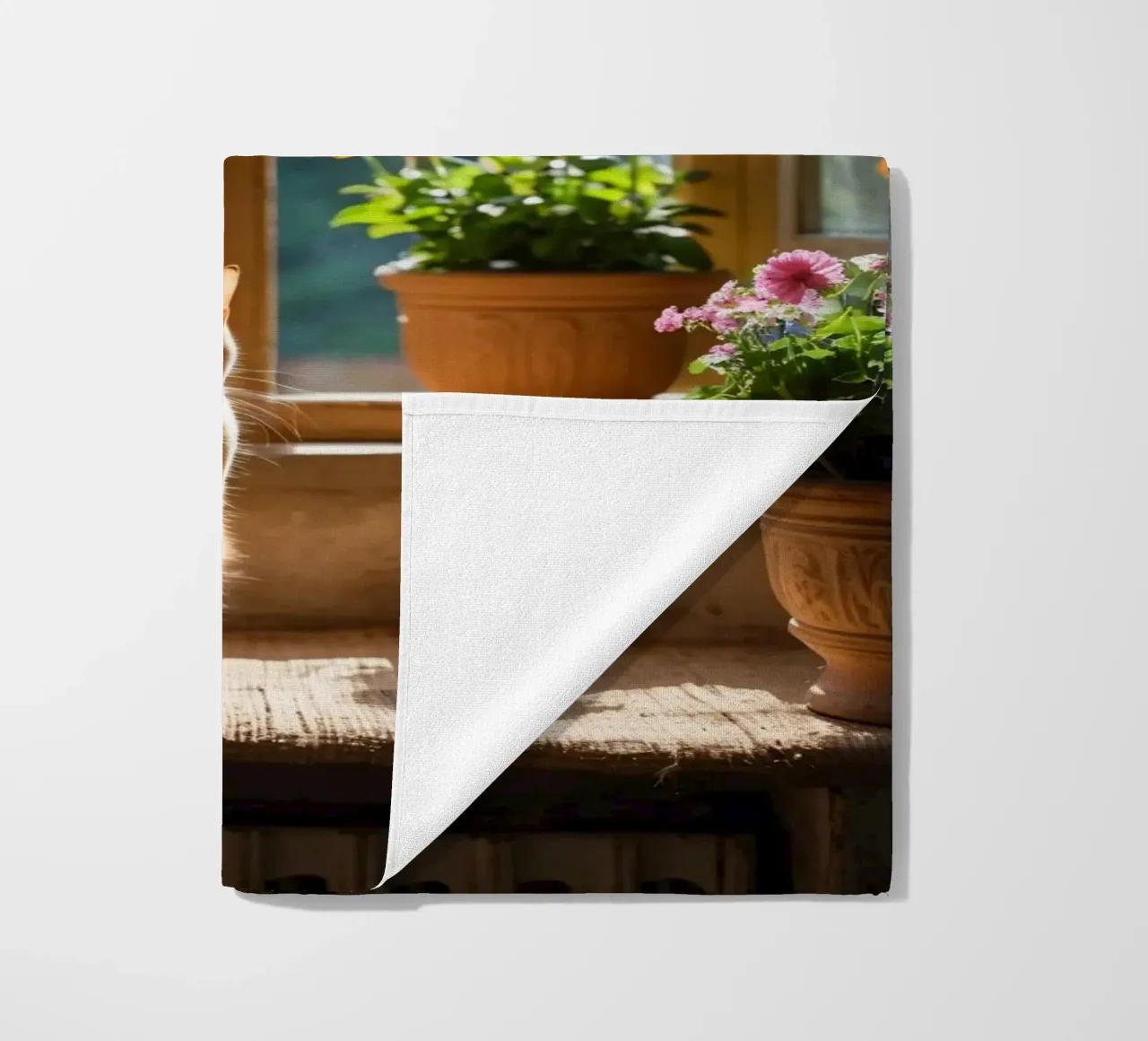 Ginger cat resting on windowsill surrounded by colorful flow beach towel by DesignDoodle