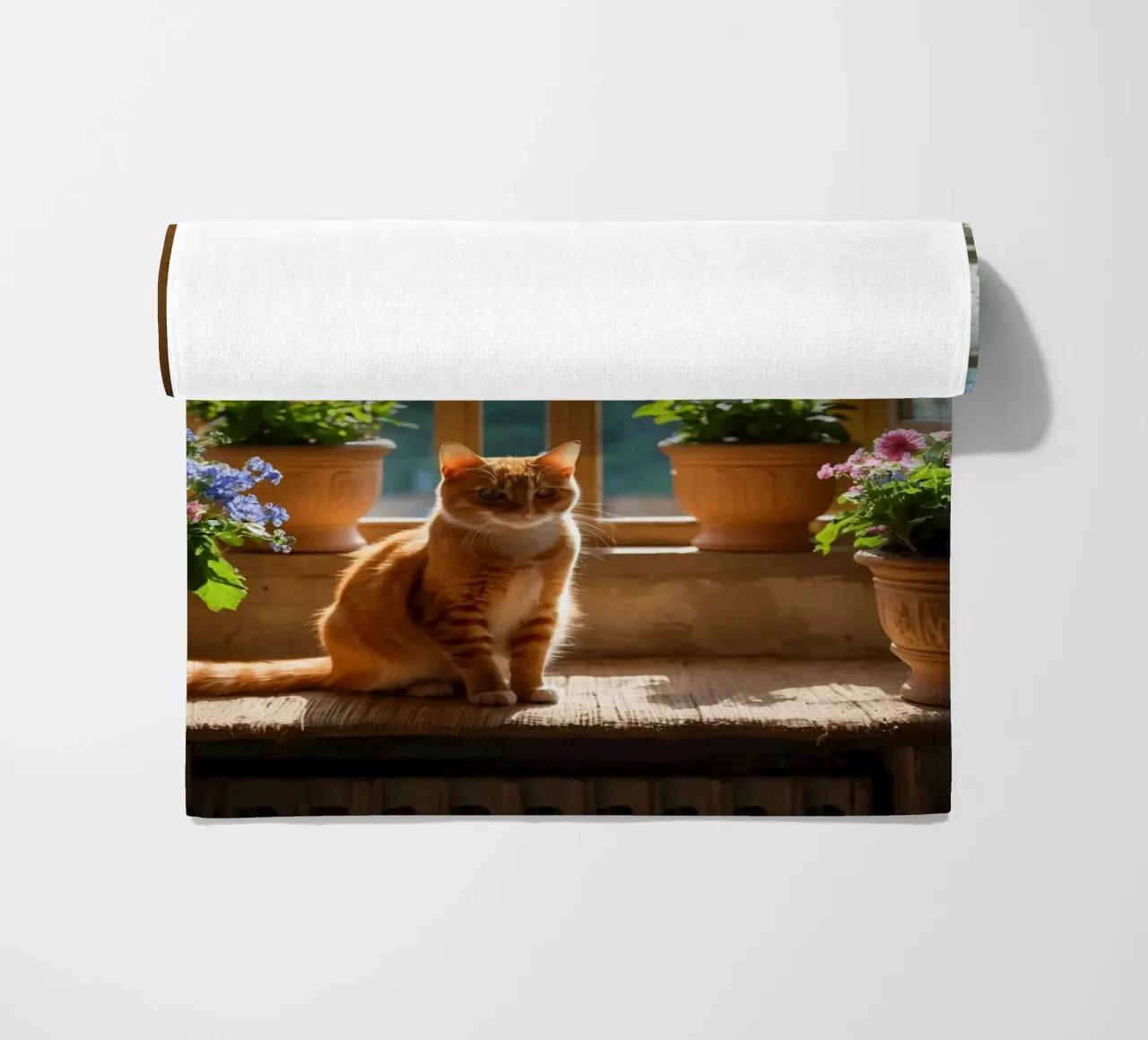 Ginger cat resting on windowsill surrounded by colorful flow beach towel by DesignDoodle