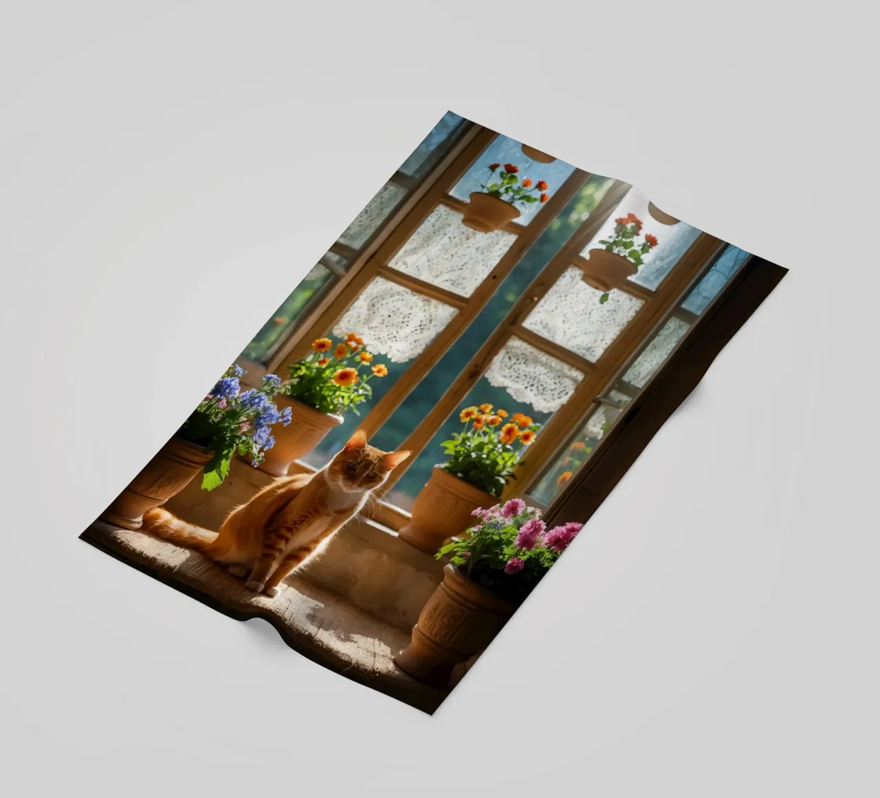 Ginger cat resting on windowsill surrounded by colorful flow beach towel by DesignDoodle