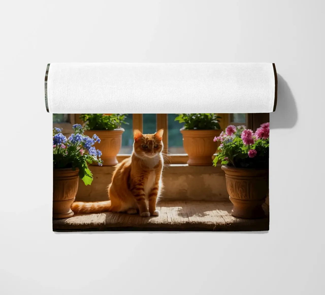 Ginger cat resting on windowsill surrounded by colorful flow beach towel by DesignDoodle