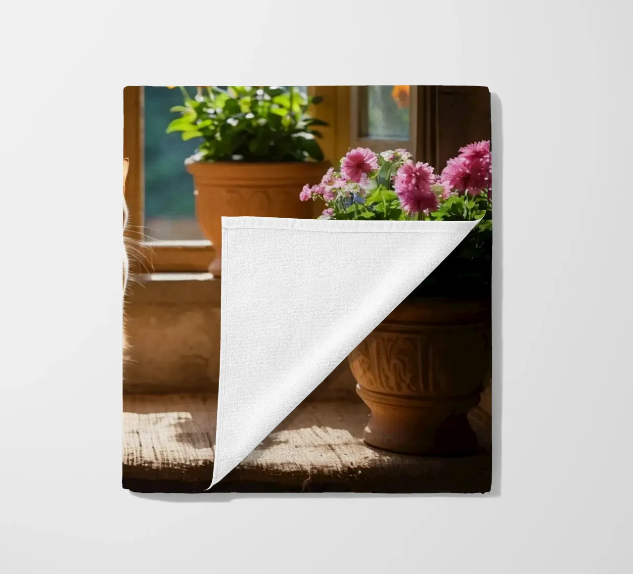 Ginger cat resting on windowsill surrounded by colorful flow beach towel by DesignDoodle