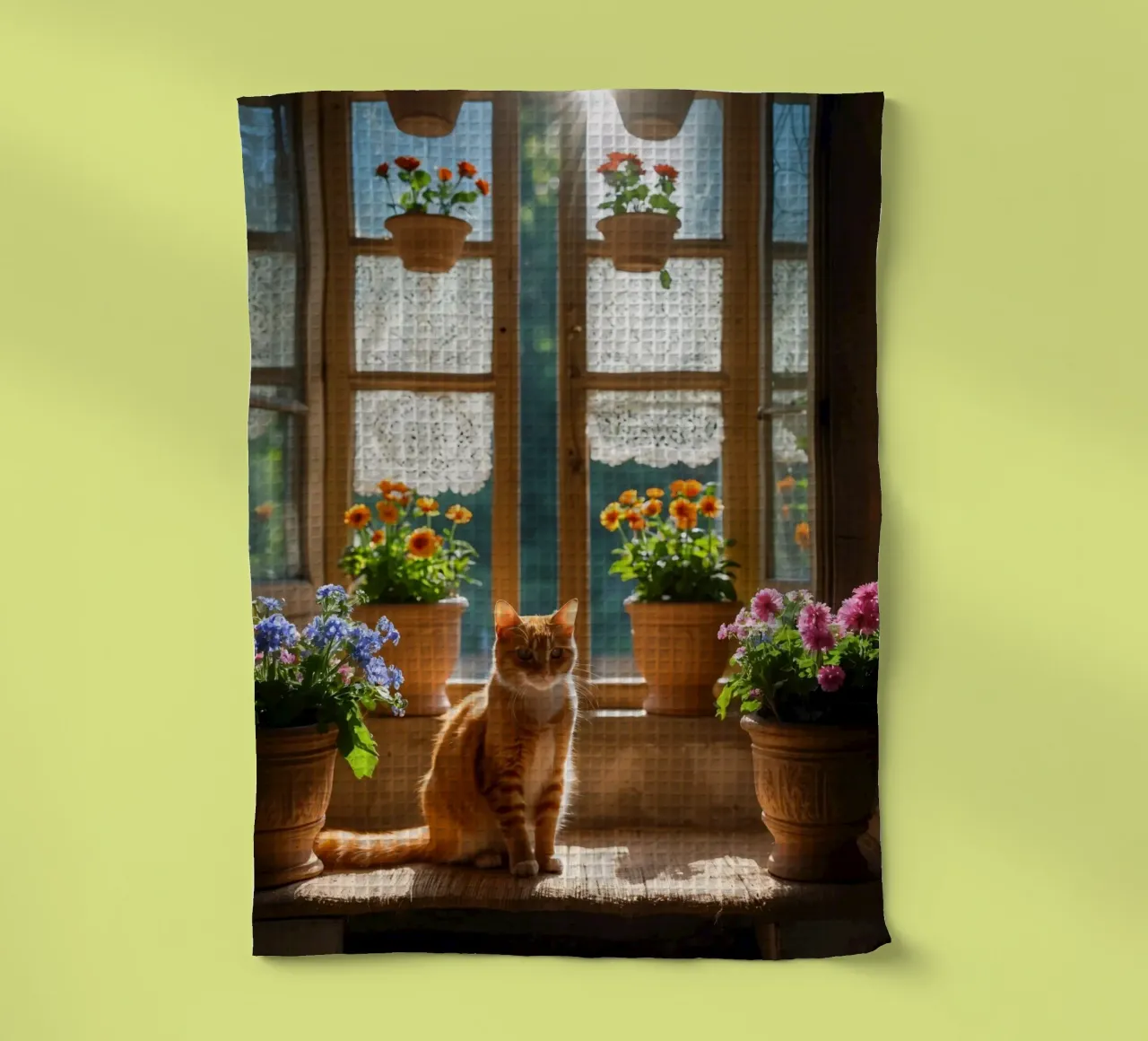 Ginger cat resting on windowsill surrounded by colorful flow tea towel by DesignDoodle
