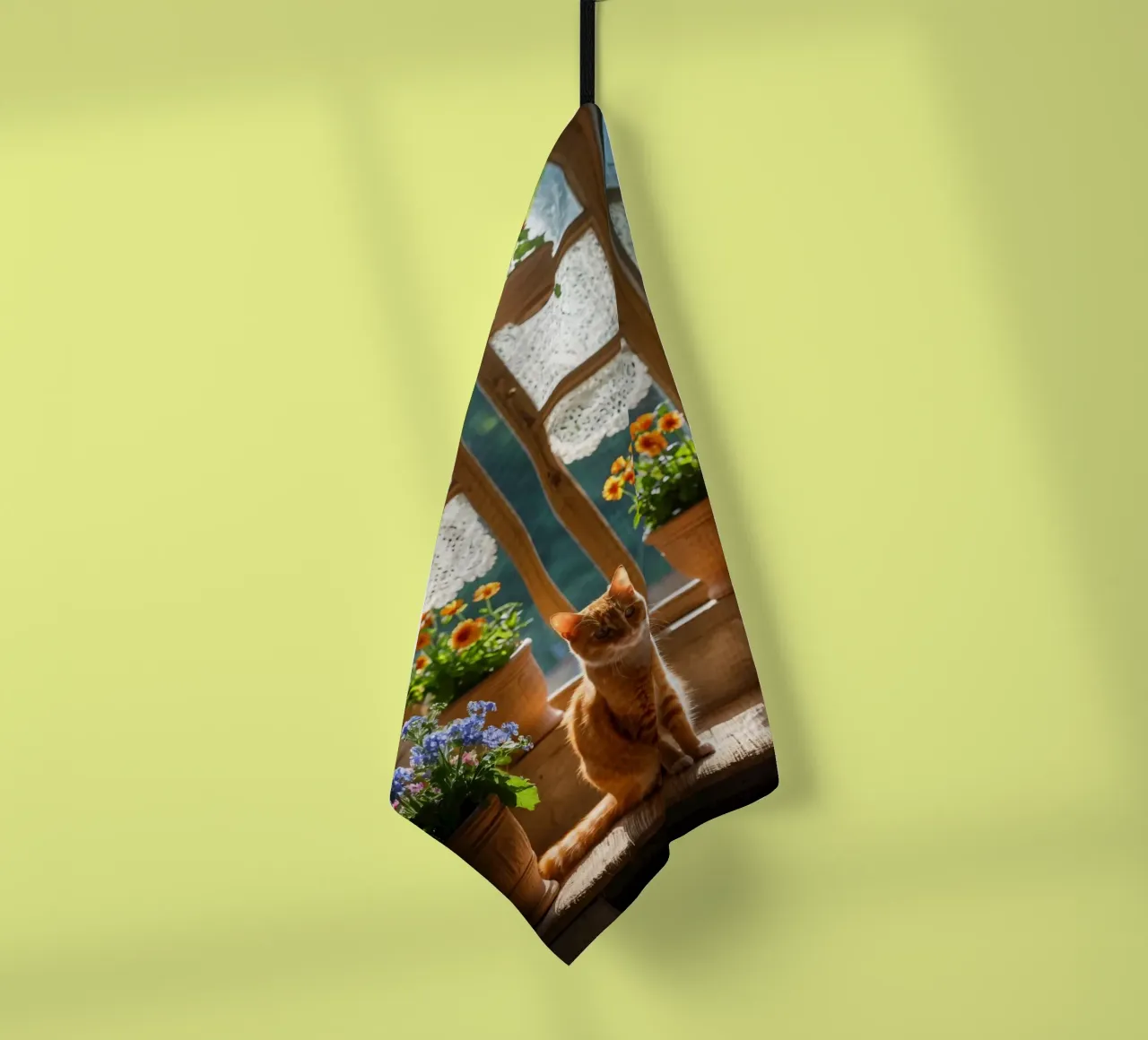 Ginger cat resting on windowsill surrounded by colorful flow tea towel by DesignDoodle