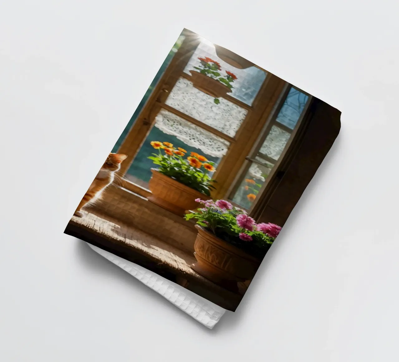 Ginger cat resting on windowsill surrounded by colorful flow tea towel by DesignDoodle