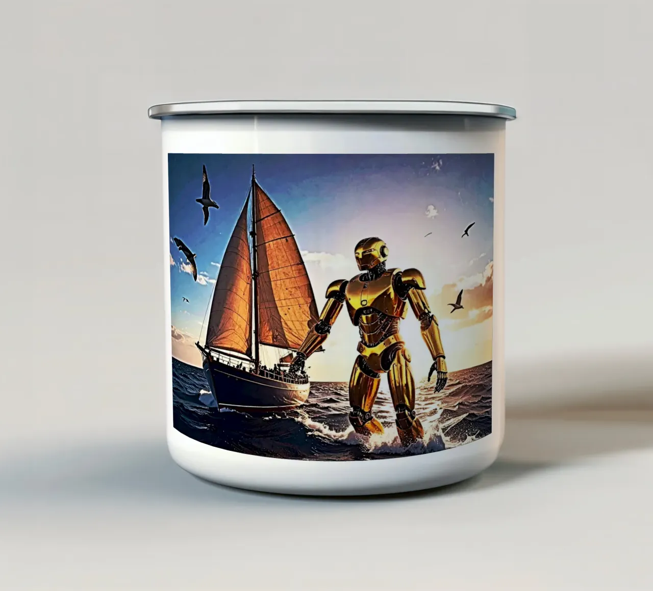 ROBOT AVEC VOILIER. emaille mok van Thierry vobmann photography