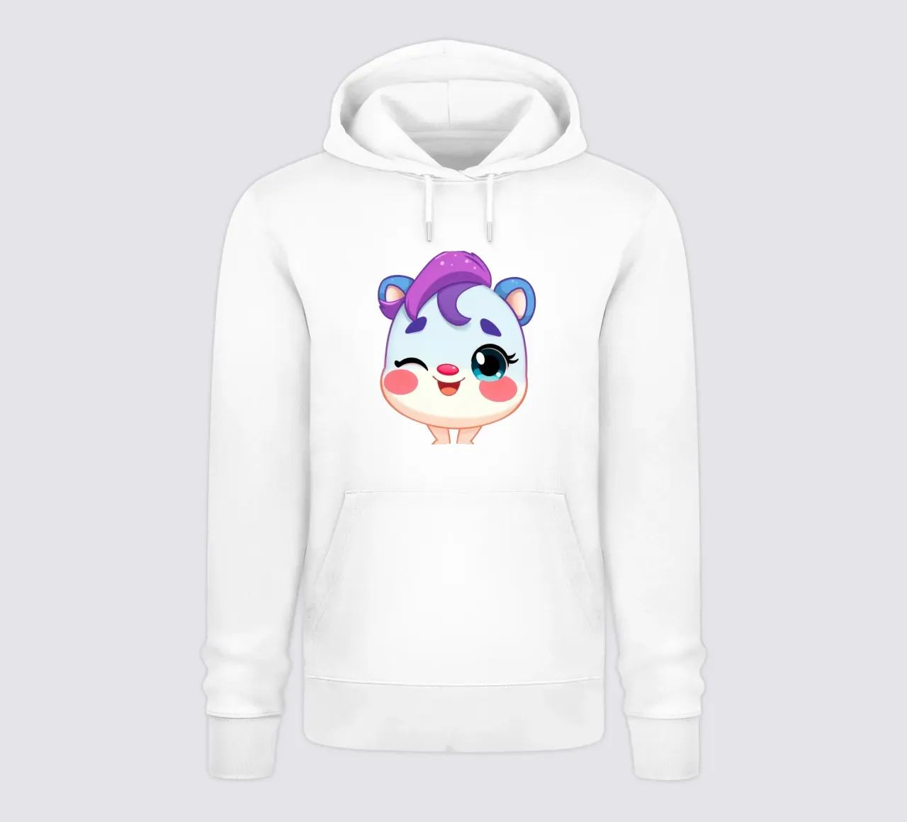 Simpatico personaggio dei cartoni animati con un'espressione felice e colorata felpa con cappuccio da DesignDoodle