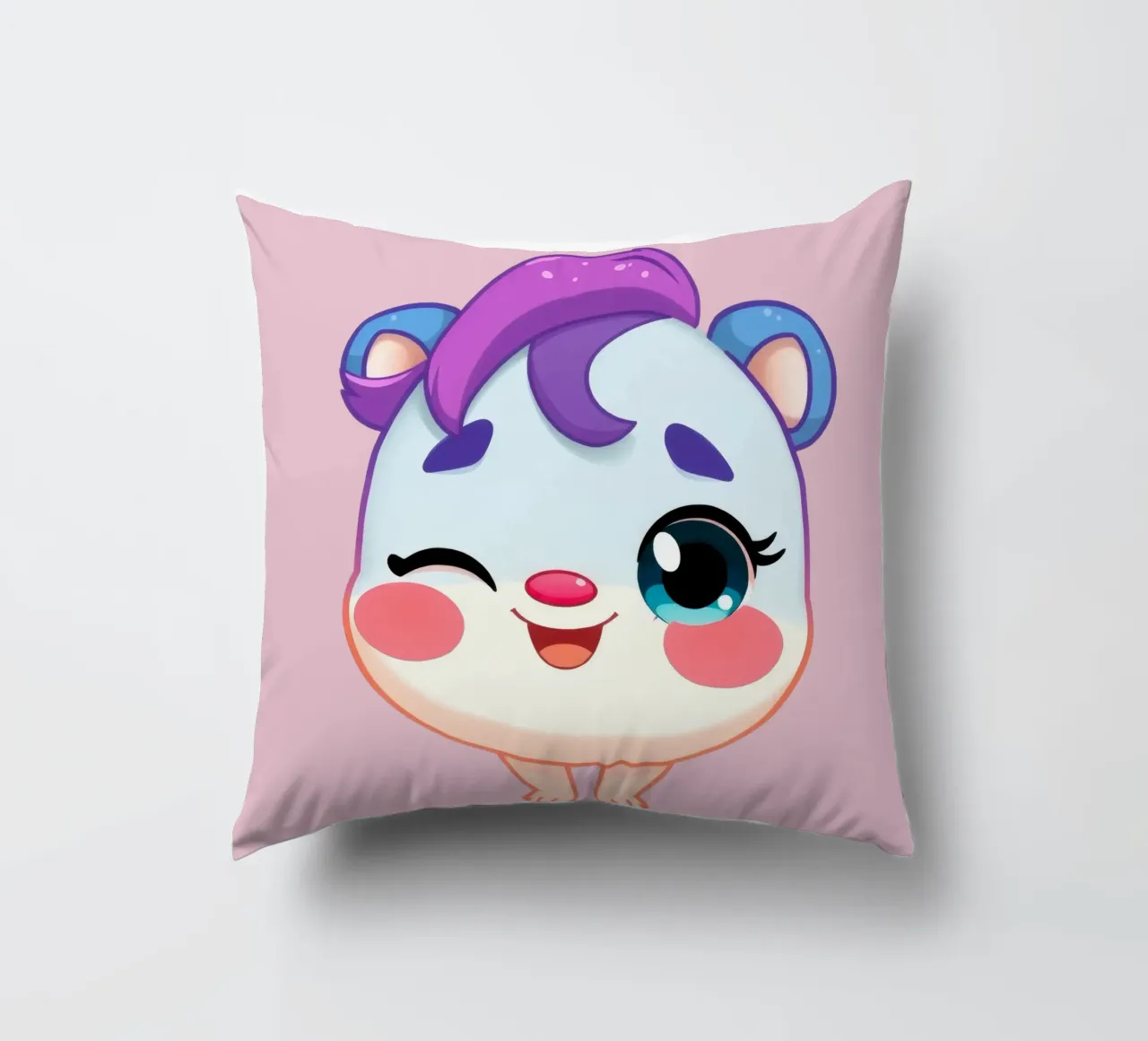 Simpatico personaggio dei cartoni animati con un'espressione felice e colorata cuscino da DesignDoodle