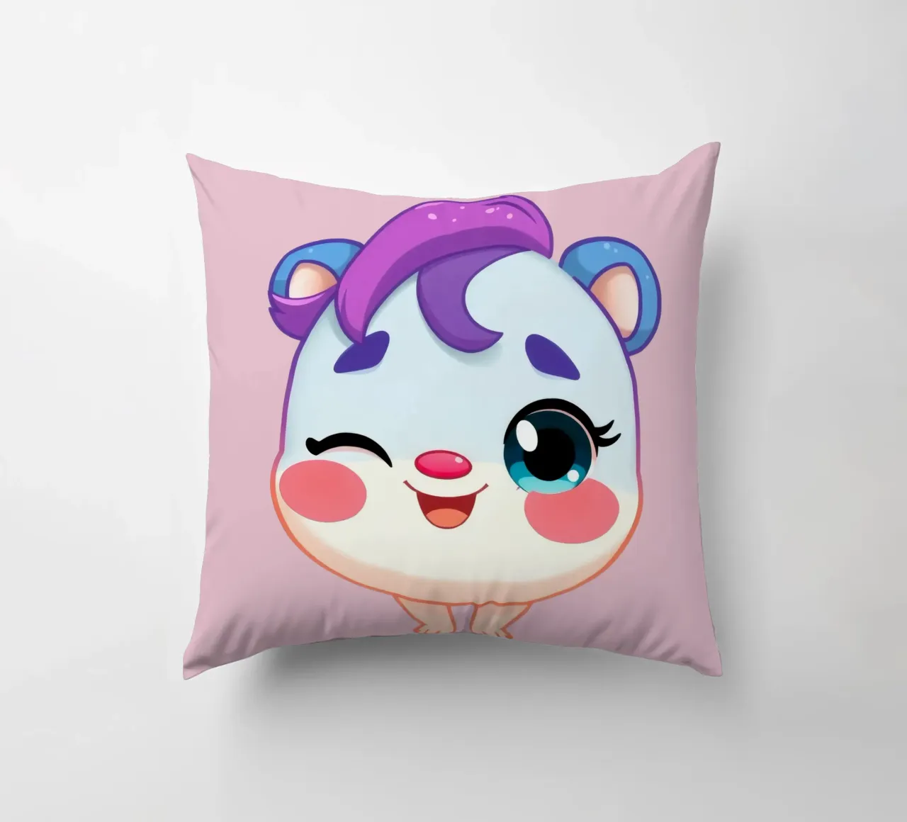 Simpatico personaggio dei cartoni animati con un'espressione felice e colorata cuscino da DesignDoodle