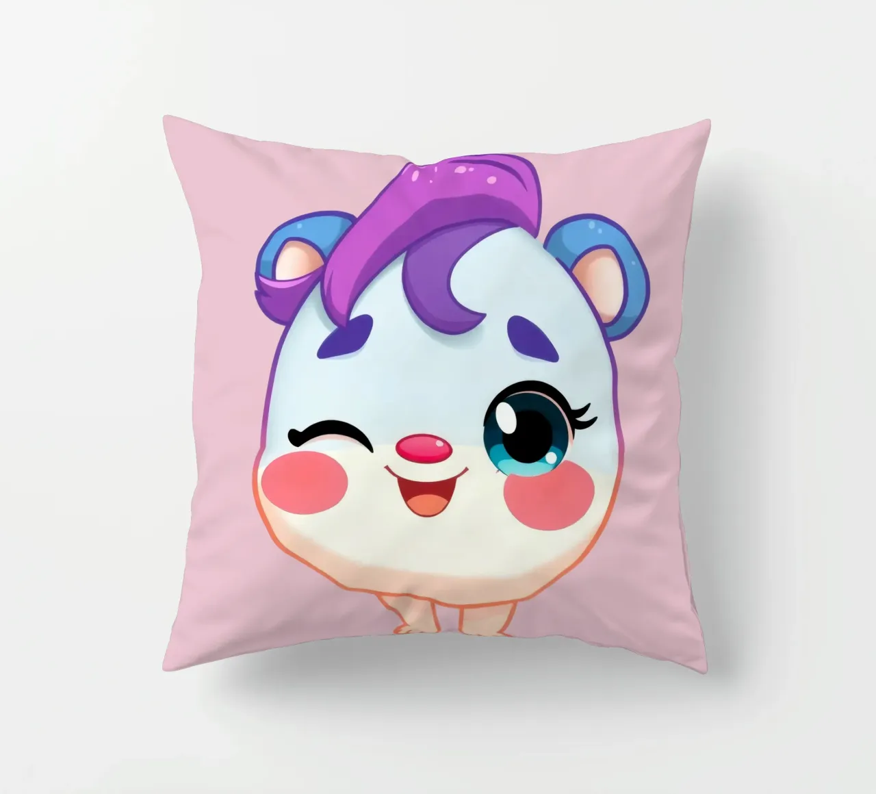 Simpatico personaggio dei cartoni animati con un'espressione felice e colorata cuscino da DesignDoodle
