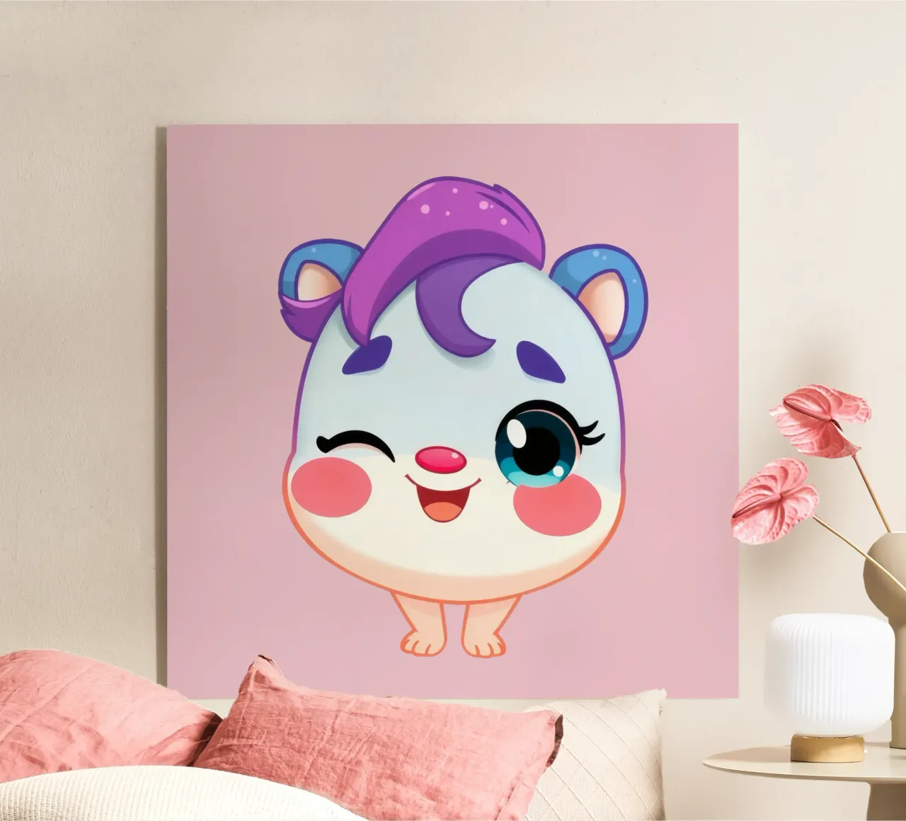 Simpatico personaggio dei cartoni animati con un'espressione felice e colorata plexiglass da DesignDoodle