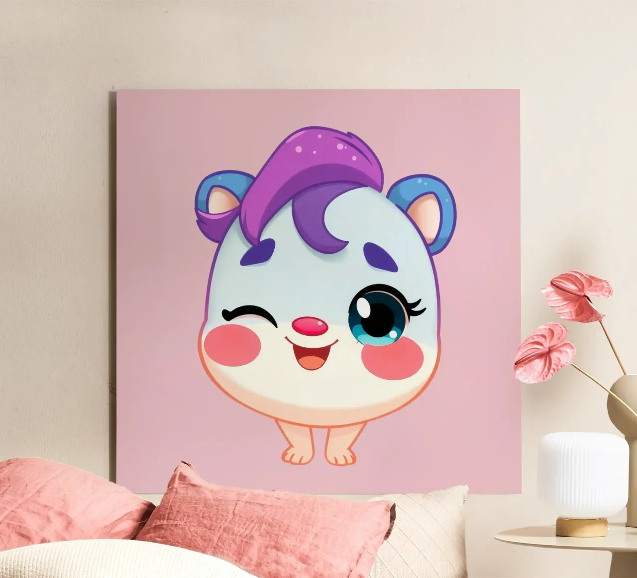 Simpatico personaggio dei cartoni animati con un'espressione felice e colorata alluminio dibond da DesignDoodle
