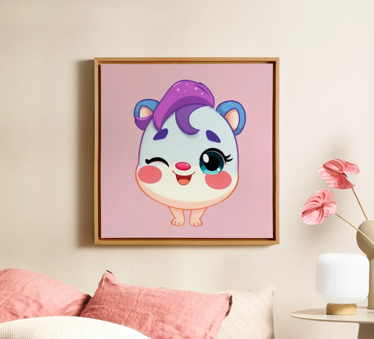 Cute cartoon character with a happy expression and colorful canvas by DesignDoodle
