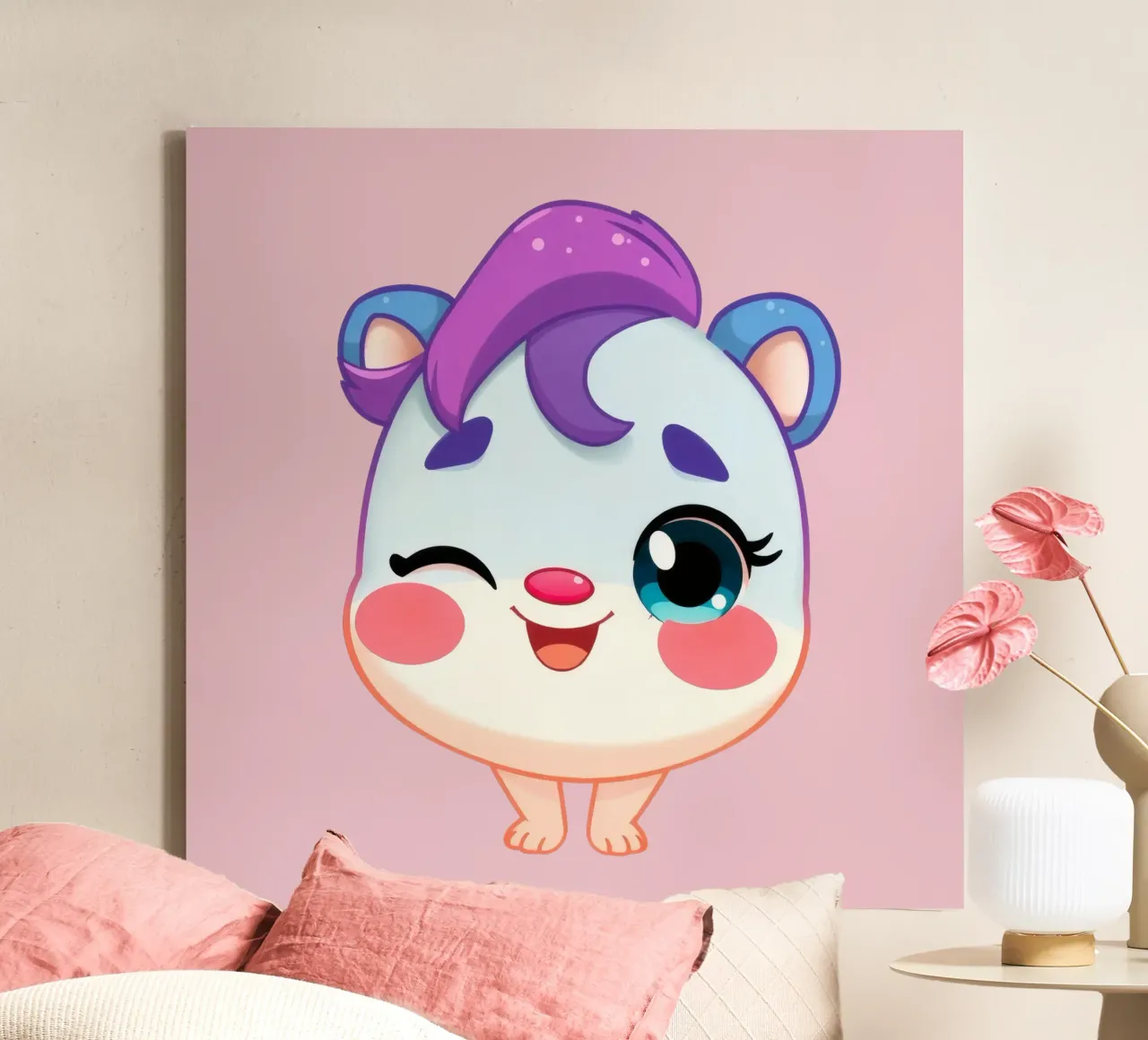 Cute cartoon character with a happy expression and colorful canvas by DesignDoodle