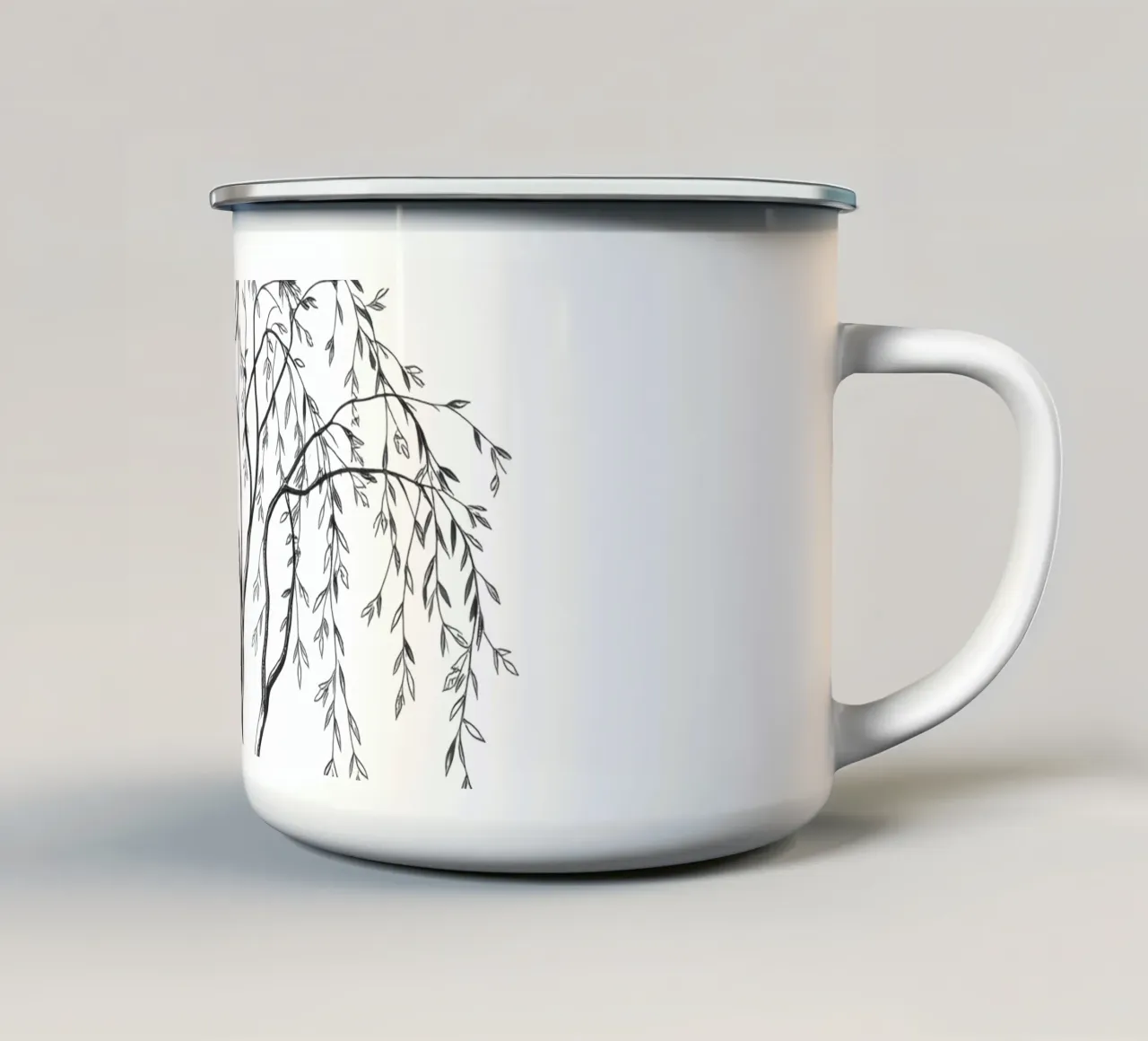 Elegante illustrazione in bianco e nero di un albero di salice tazza in smalto da DesignDoodle