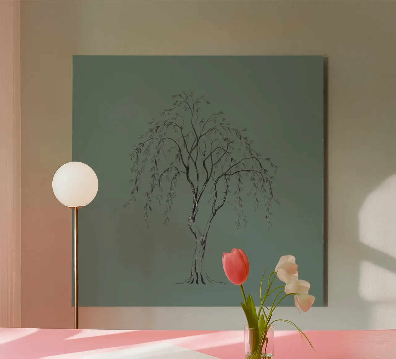 Elegante illustrazione in bianco e nero di un albero di salice alluminio dibond da DesignDoodle