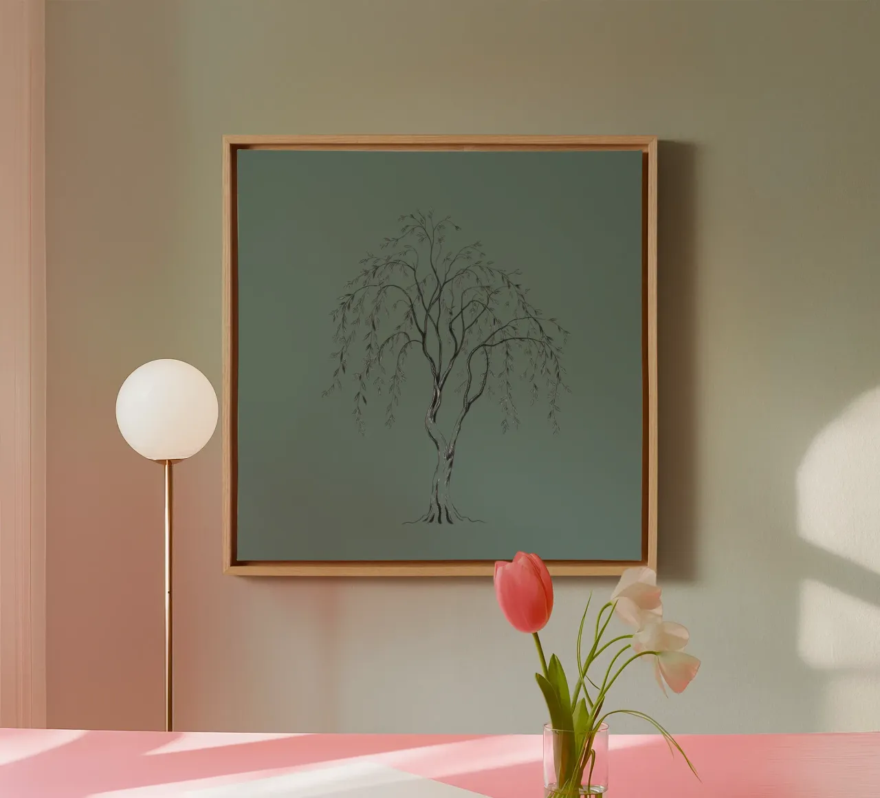 Elegante illustrazione in bianco e nero di un albero di salice tela con Cornice a cassetta da DesignDoodle