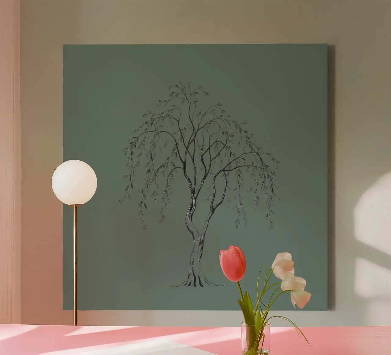 Elegante illustrazione in bianco e nero di un albero di salice tela con Cornice a cassetta da DesignDoodle