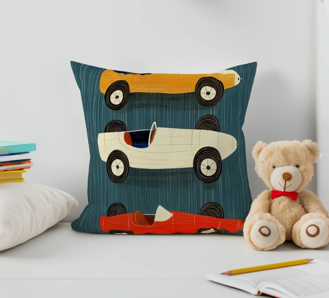 Trois voitures de course à l'ancienne coussin de Curious Canvas